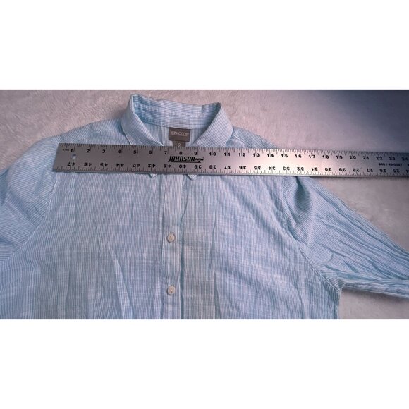 Chico's Blue Striped Button-Up Ruffle Tunic Top Shirt Size 2 Cotton Long Sleeve - Picture 7 of 9